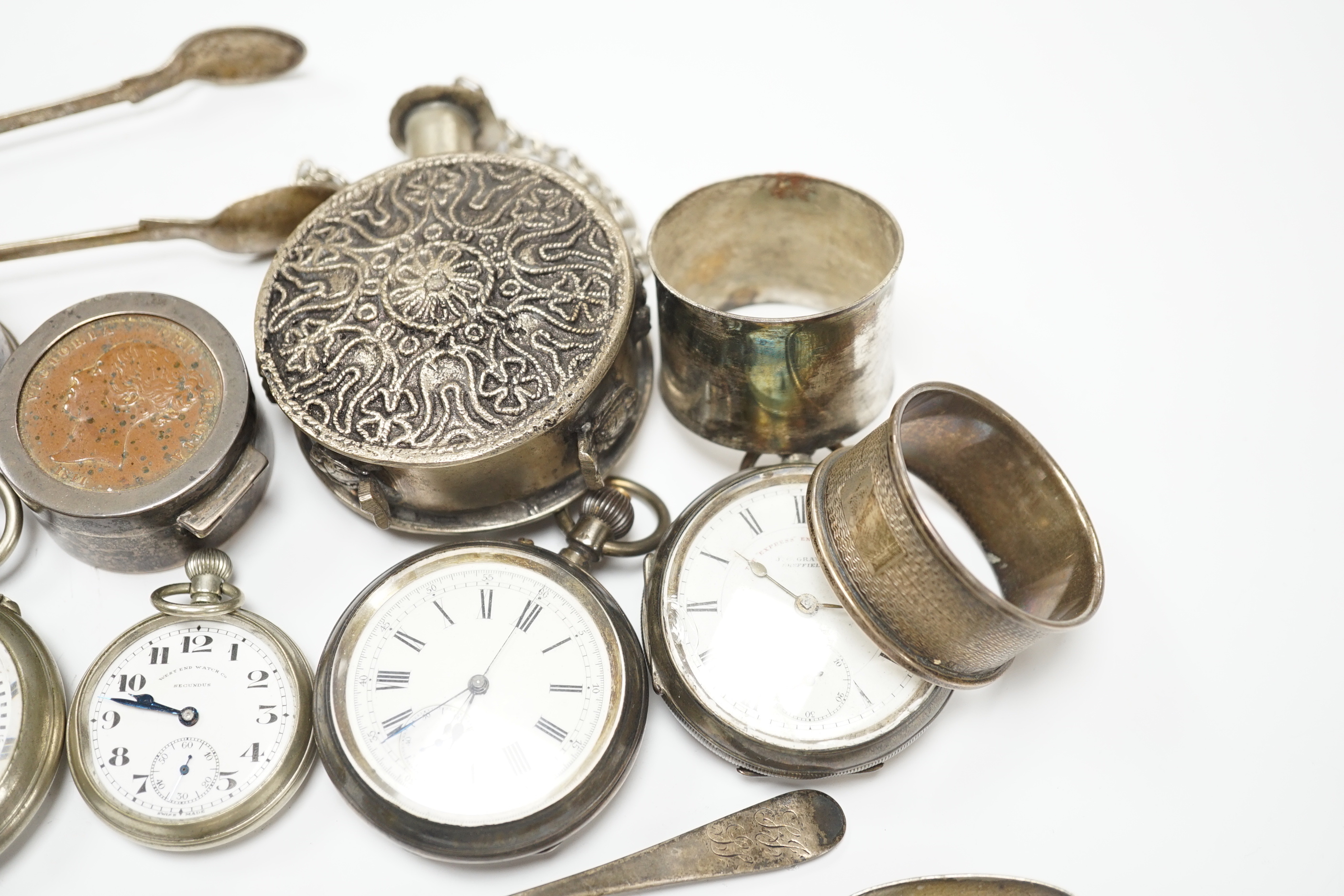 Sundry items including two silver pocket watches, two other nickel cased pocket watches, sundry silver flatware, napkin rings, etc.